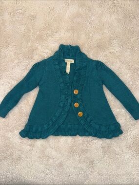 Matilda Jane Teal Ruffle-Trim Knit Cardigan with Wooden Buttons